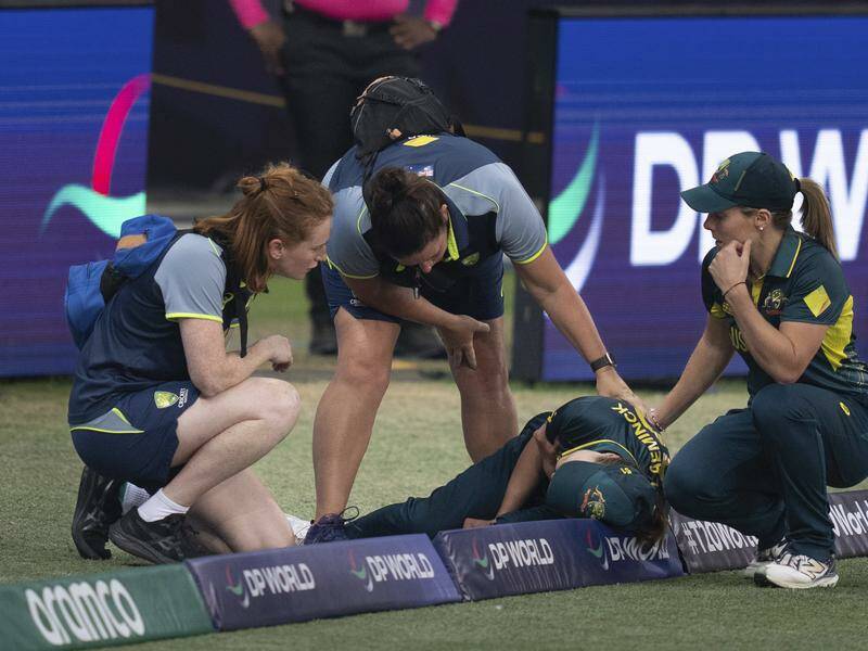 Tayla Vlaeminck suffered a dislocated shoulder in Australia's World Cup win against Pakistan. Photo: AP PHOTO