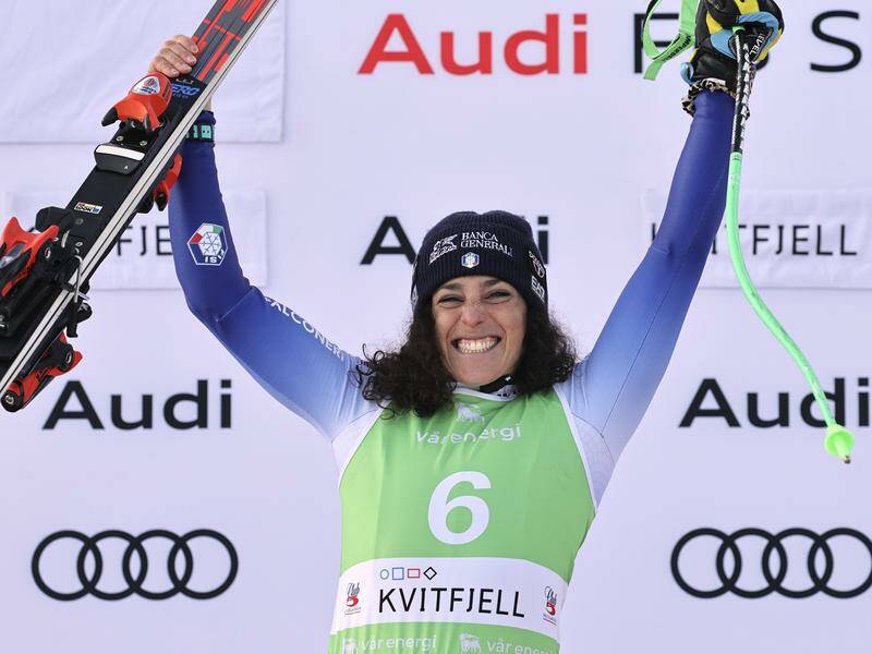 Italy's Federica Brignone celebrates after her World Cup super G win in Kvitfjell, Norway. Photo: AP PHOTO