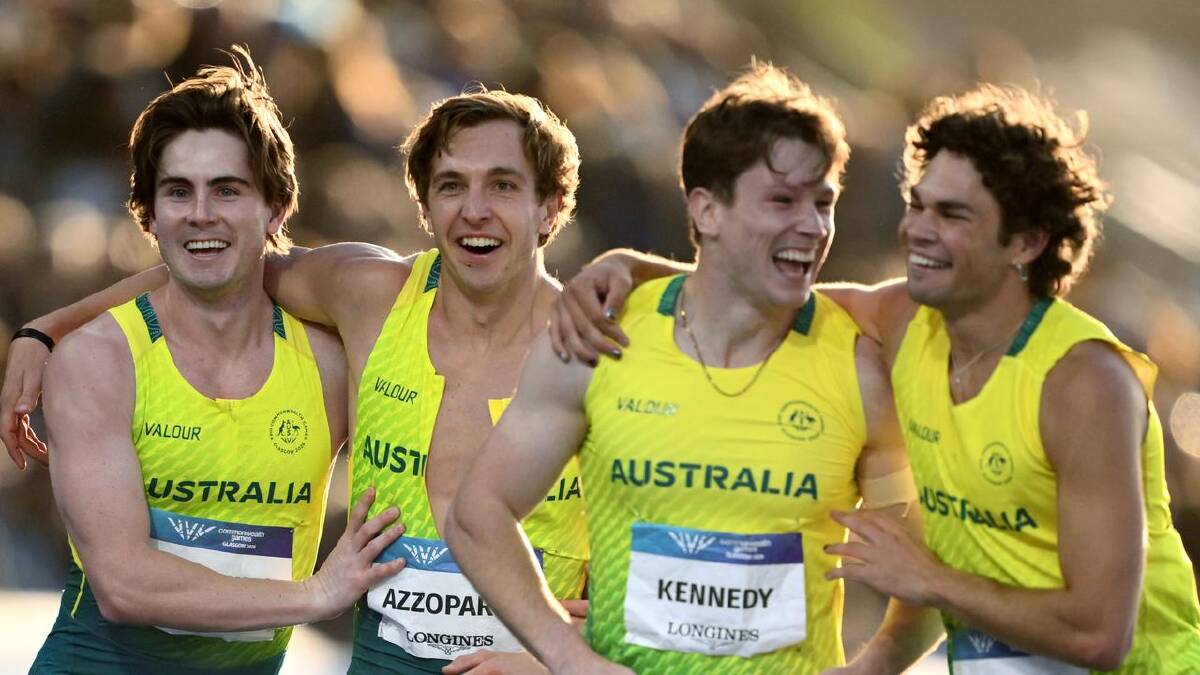 Rohan Browning, Joshua Azzopardi, Lachlan Kennedy and Calab Law snatched the 4x100m relay gold. (Joel Carrett/AAP PHOTOS) Rohan Browning, Joshua Azzopardi, Lachlan Kennedy and Calab Law snatched the 4x100m relay gold. (Joel Carrett/AAP PHOTOS)