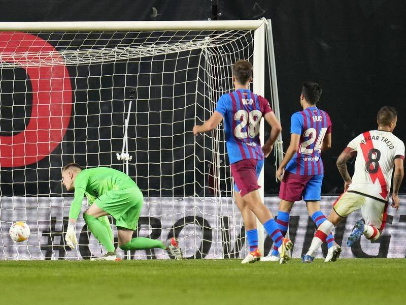 Barcelona goalkeeper Marc-Andre ter Stegen concedes the only goal of the game at Rayo Vallecano.