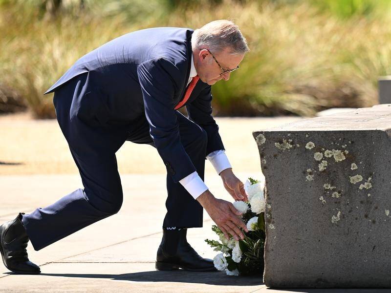 Anthony Albanese laid a wreath on the 20th anniversary of the Ex-POW memorial in Ballarat. (James Ross/AAP PHOTOS) Anthony Albanese laid a wreath on the 20th anniversary of the Ex-POW memorial in Ballarat. (James Ross/AAP PHOTOS)