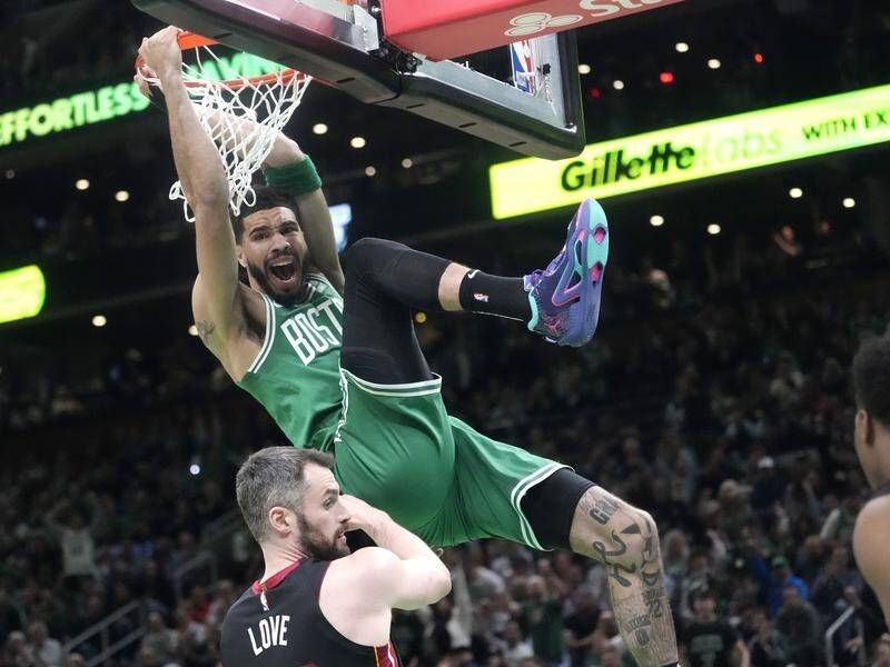 Jayson Tatum's double-double has led the Celtics to a 110-97 Game 5 win over Miami in Boston. (AP PHOTO)