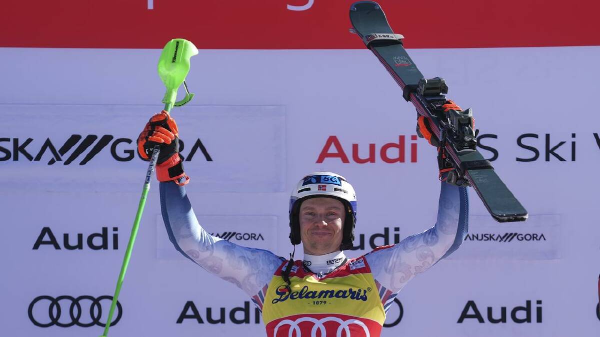 Norway's Henrik Kristoffersen celebrates after his latest World Cup slalom win. (AP PHOTO)