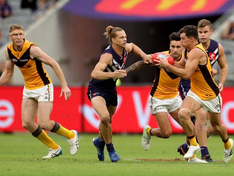 Hawthorn's Jaeger O'Meara (r) escaped with a fine for striking Fremantle's Caleb Serong.