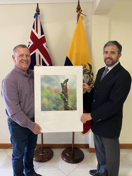 Nature's gift: John Wiseman with the Ambassador for Ecuador H.E Mauricio Montalvo at the Ecuadorian Embassy in Canberra.