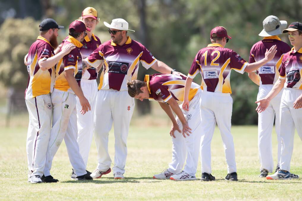 Culcairn celebrate a wicket against reigning premier Rand at Billabong High School on Saturday. The Lions scored a shock victory. Picture: MARK JESSER