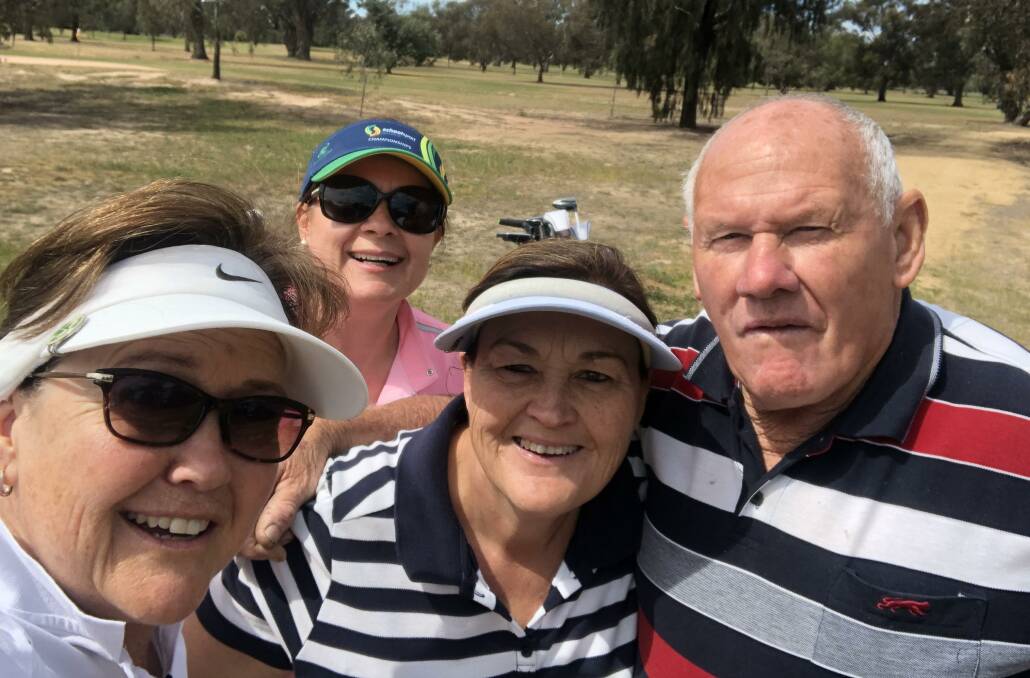 FUN ROUND: Robert Armstrong with Henty lady golfers (from left) Jane Yates, Sandy Newton and Linda Coombes.