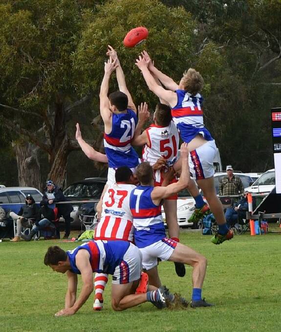 Taking flight: Jindera's Harry Weaven flies over the back of the pack for a marking attempt in Saturday's HFL preliminary final. Picture: Lorri Rodden.
